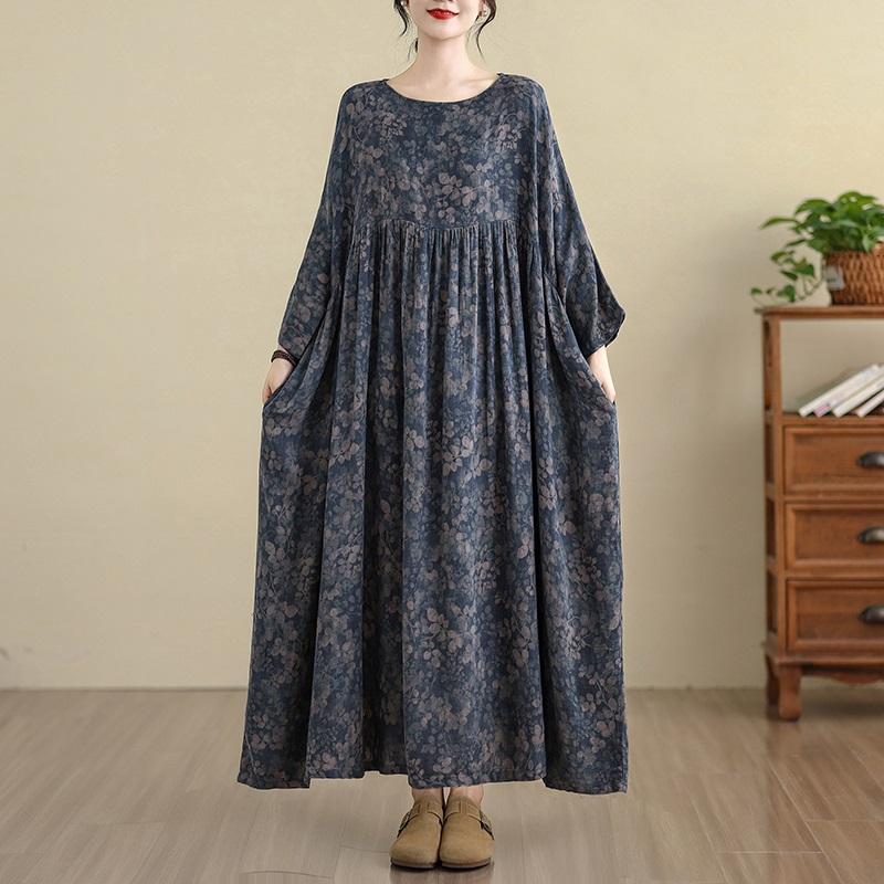 Plus Size Cotton Vintage Floral New In Dresses for Women Casual Loose Long Spring Autumn Dress