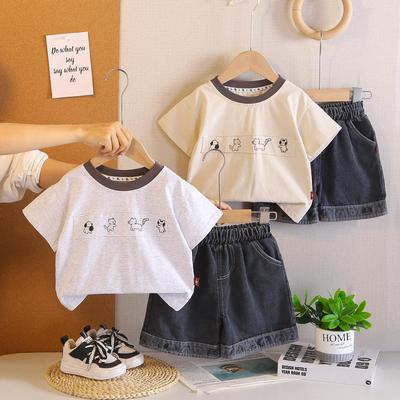 2026 Summer Children's Cartoon Patch Cuffed Denim Two-Piece Set