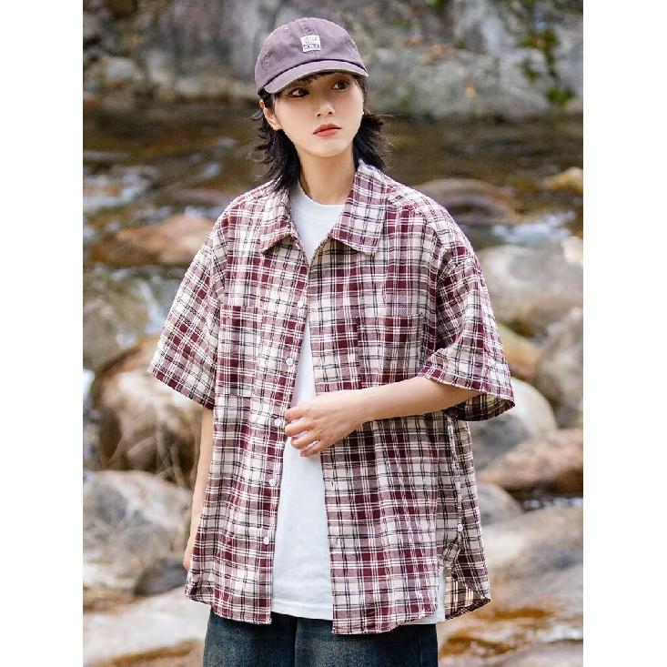 Retro Plaid Shirt Men'S Short Sleeved Trendy Casual Versatile Shirt Hong Kong Style Spring And Autumn Hooligan Handsome Inch Jacket