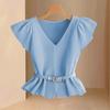 Women's Shirt Casual Soft Comfortable and Fashionable French Light-client Blue V-neck Simple and Elegant Shirt & Belt-free