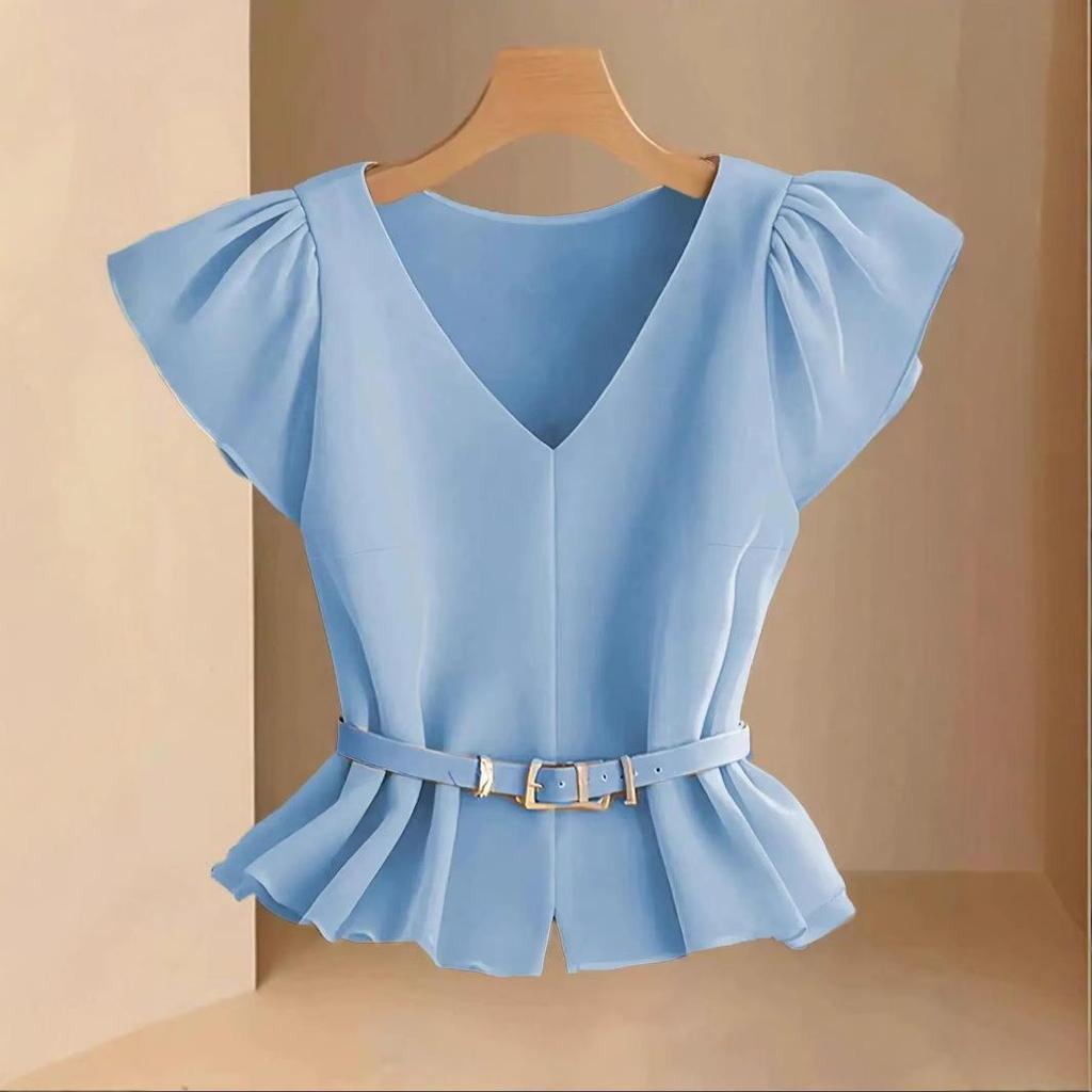 Women's Shirt Casual Soft Comfortable and Fashionable French Light-client Blue V-neck Simple and Elegant Shirt & Belt-free