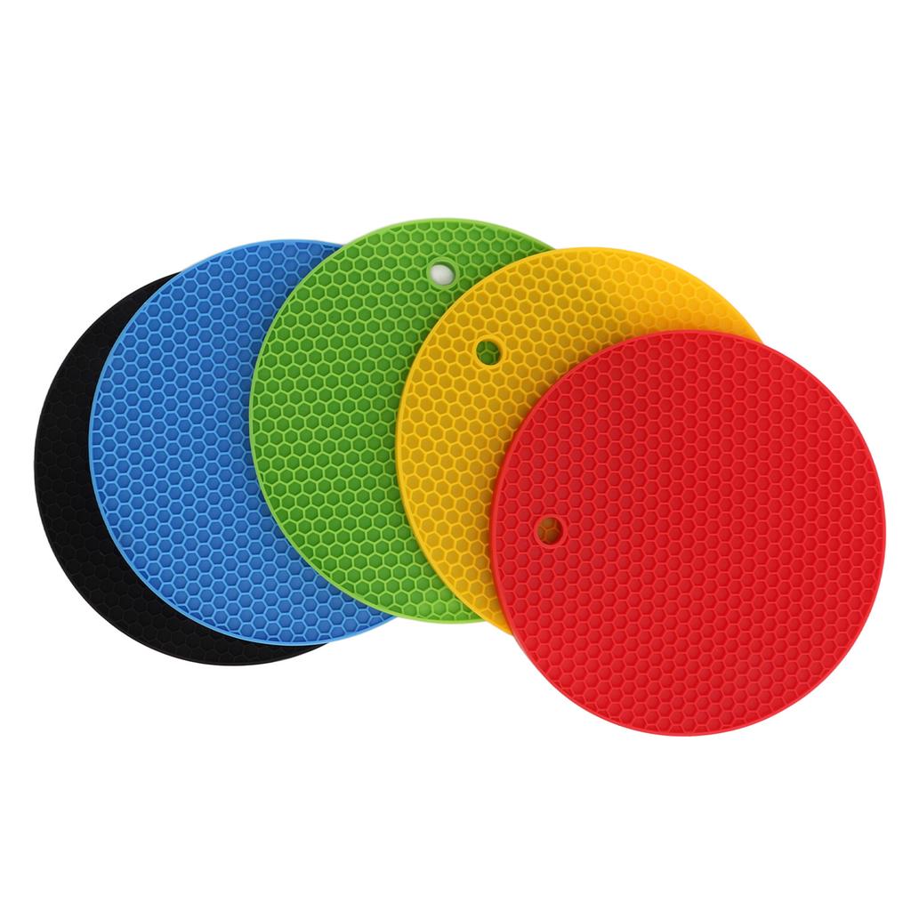 5Pcs Round 7 Inch Silicone Trivet Mat Heat Resistant Silicone Pot Holders Yellow Black Red Blue