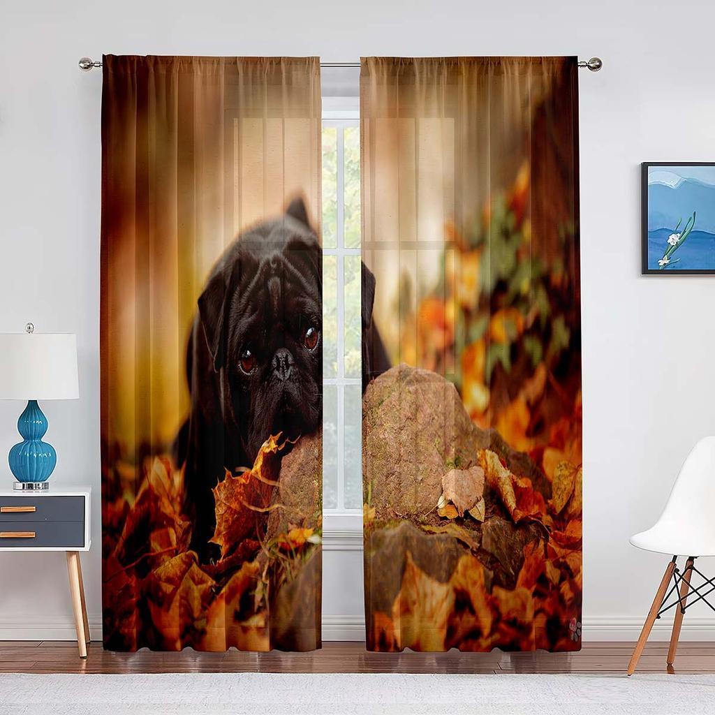 Niedlicher Bulldogge Transparenter Voile Vorhang Lustiger Mops Welpe Tier Gelbe Tüllvorhänge für Wohnzimmer Schlafzimmer Küchendekorationen