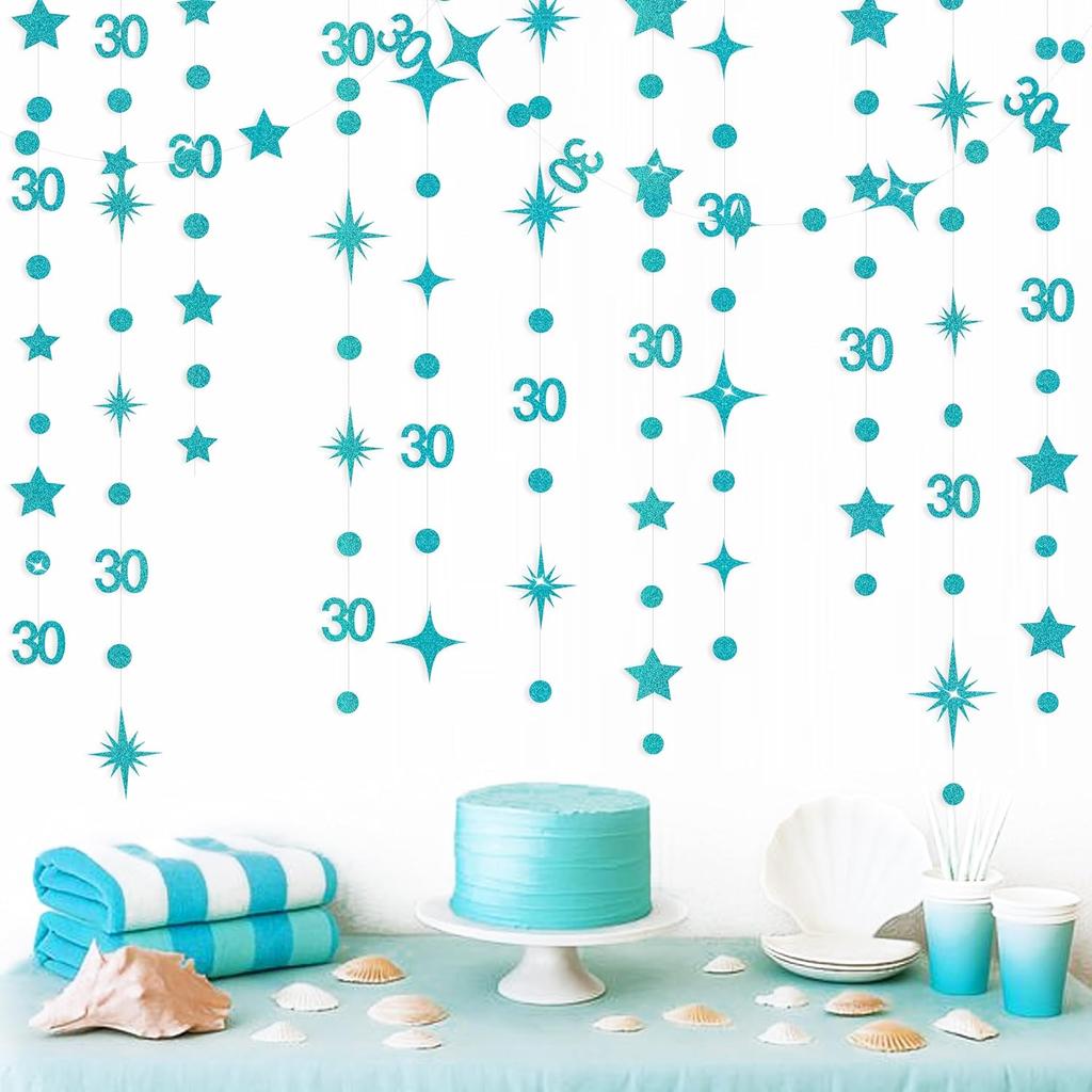 Black 30th Birthday Decorations Number 30 Circle Dot Twinkle Star Garland Metallic Hanging Streamer Bunting Banner Backdrop for Mens Womens Happy