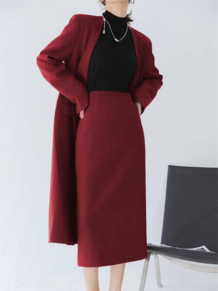 Women's Mid-Length Coffee-Colored A-Line High-Waisted Slit Skirt