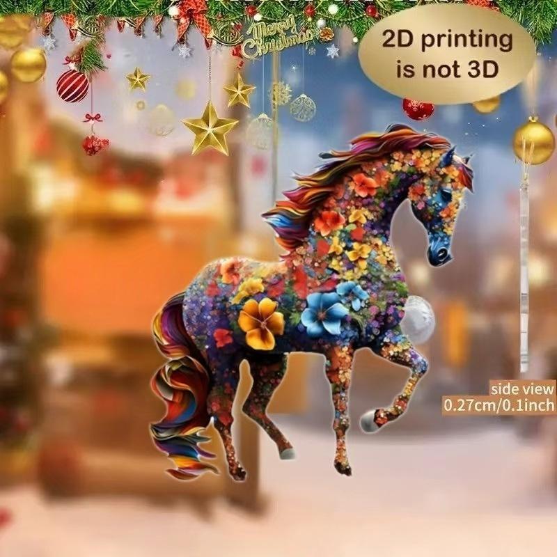 2D Acrylic Horse Charm Car Rearview Mirror Pendant Christmas Tree Hanging Home Decoration New Year Party Ornament Gift
