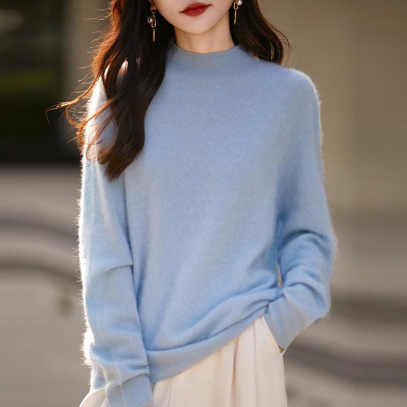 Milk Huhu Women's Solid Color Half-High Collar Wool Knit Sweater - Lazy Style, Brushed Fleece for Autumn/Winter