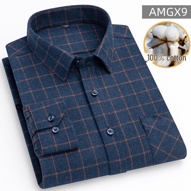 New Men's Plus Size Brushed Cotton Plaid Long Sleeve Shirt for Middle-Aged & Elderly with Straight Hem