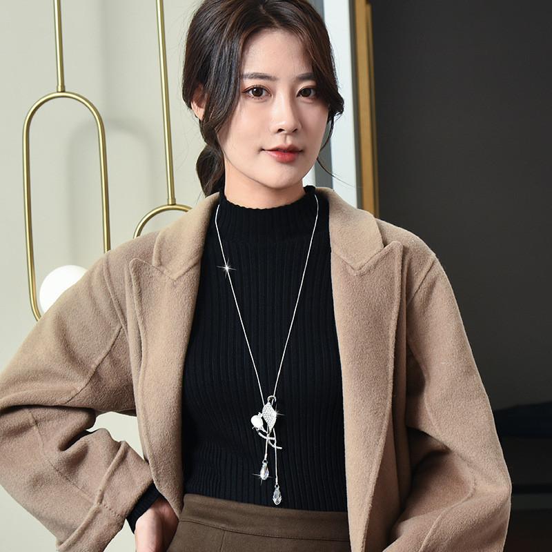 Tulip Artistic Flower Design Long Necklace With Crystal Accents For Women Lovers Fashion