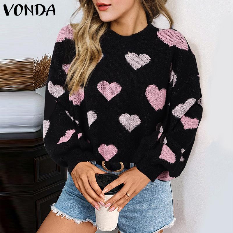 VONDA Women Autumn Round Neck Long Sleeve Heart Print Pullover Sweaters