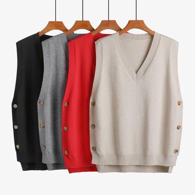 Herbst Neue Damenbekleidung V-Ausschnitt All Match Eleganter Pullover Weste Geknöpfte Schulter College-Stil Locker Vintage