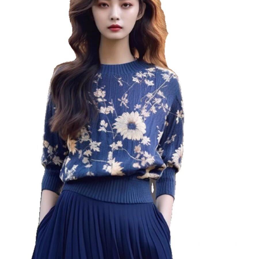 Temperament Small Fragrant Style Printed Knitted Sweater Autumn Soft and Thin Bottoming Shirt Foreign Style Pullover Top Women