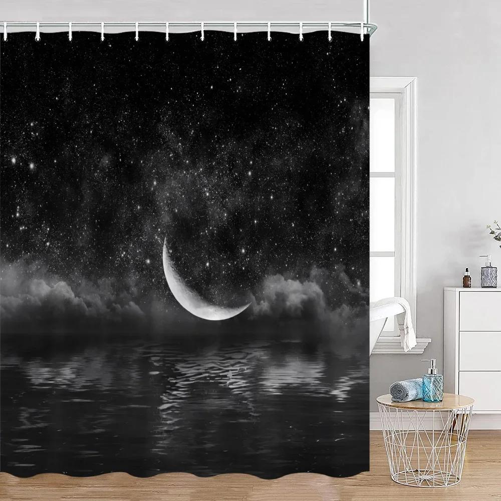 Vintage Dark Color Astrology Shower Curtain Starry Full Moon Night Magic Plant Mushroom Bathtub Curtain Bath Home Decor