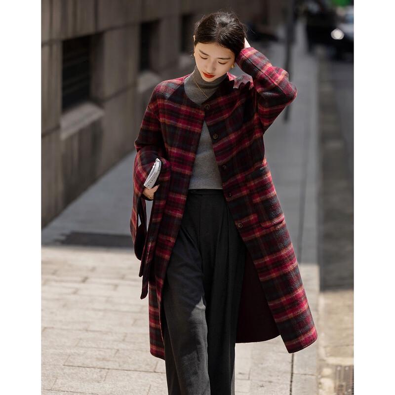 Demana Women's Plaid Double-Sided Wool Blend Winter Coat with Tassel Scarf