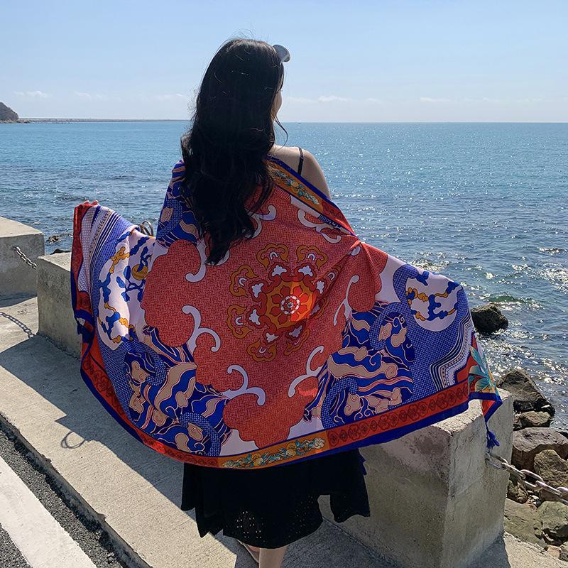 Summer Fashion Elegant Women Silk Scarf Beach Wrap Shawl Print Sunscreen Bandana Hijab Mujer Bohemian Musulman Long Scarve Pareo