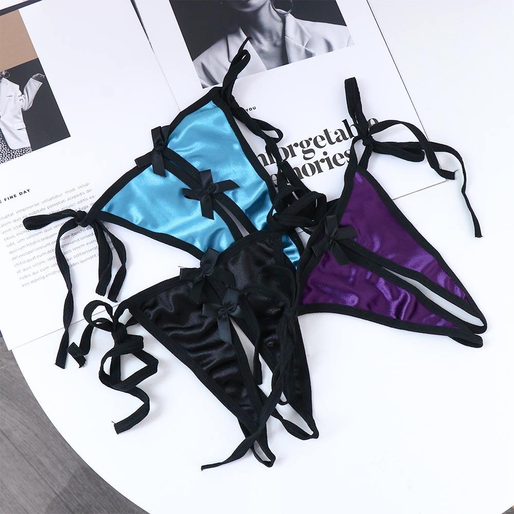 Bow G-Strings Satin Open Crotch Solid Color Bandage Women Panties Sex Thongs T-Pants Underwear