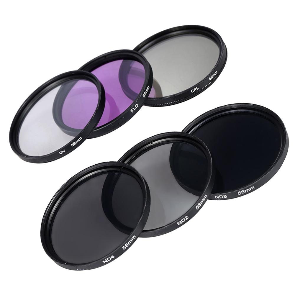 58mm Lens Filter Kit UV+CPL+FLD+ND(ND2 ND4 ND8) with Carry Pouch   Lens Cap   Lens Cap Holder   Tulip & Rubber Lens
