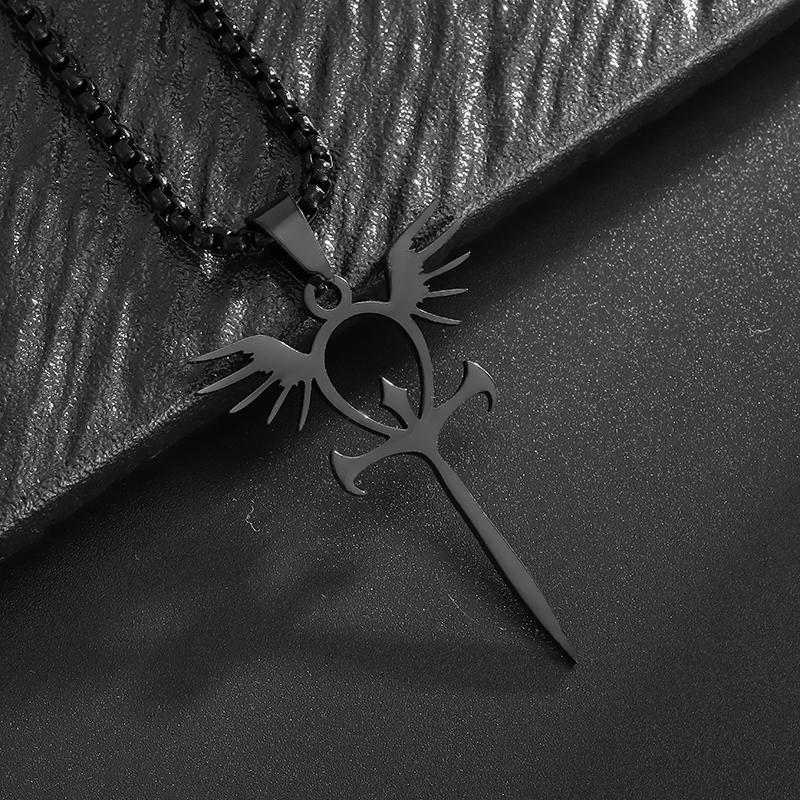 Stainless Steel Glossy Ankh Angel Wings Sword Pendant Necklace for Men Medieval Classic Mythical Amulet Jewelry Gift