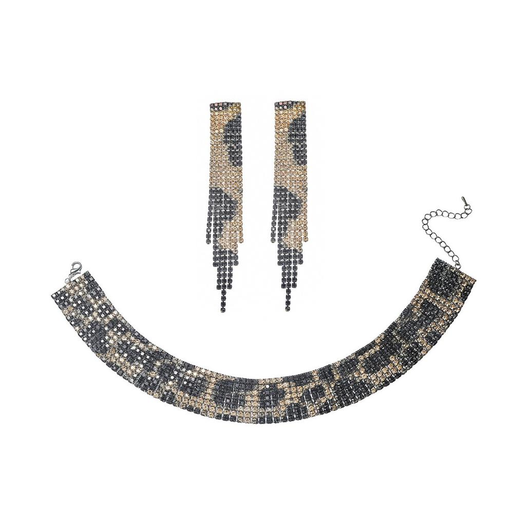 Leopard Print Bridal Rhinestone Jewelry Set, Neck Chain Jewelry.