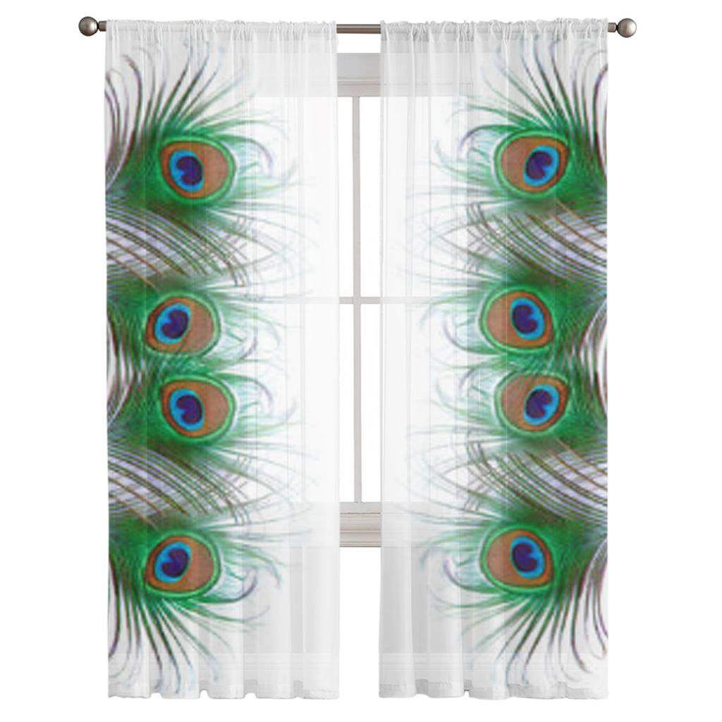 Peacock Feather Sheer Curtains For Living Room Window Transparent Voile Tulle Curtain Bedroom Drapes Home Decor