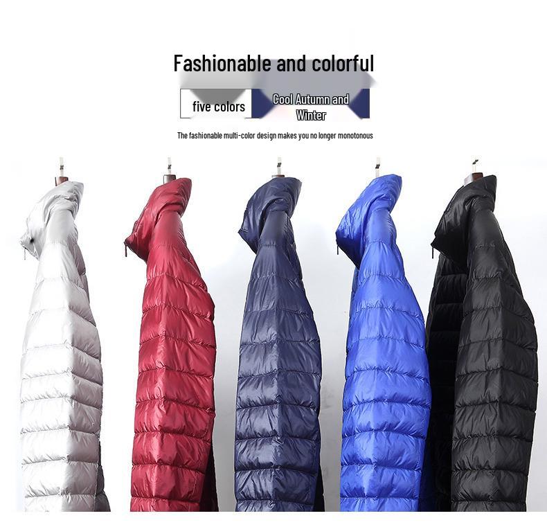 Men's Lightweight Down Jacket with Double Zipper and Stand Collar, 50% White Duck Down
