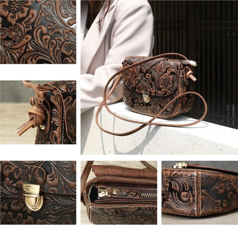 Johnature Women's Genuine Leather Shoulder Bag Versatile Cowhide Embossed Buckle Retro Crossbody Bag