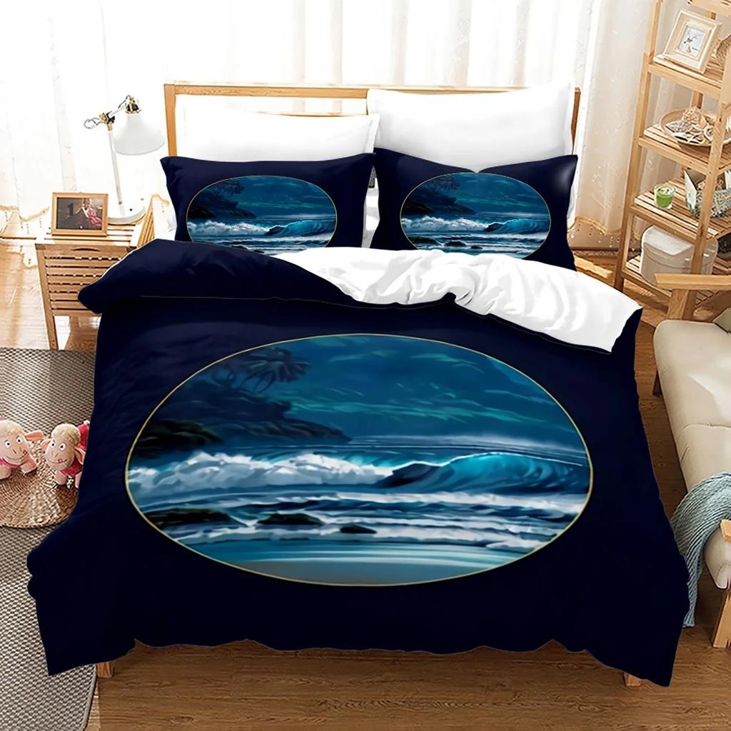 Ocean Bed Linen Package King Dimension Colorful Beach Landscape Bed Cover In Oil Painting Style Famous Hawaii Coastal Polyester Fabric Quilt Cover