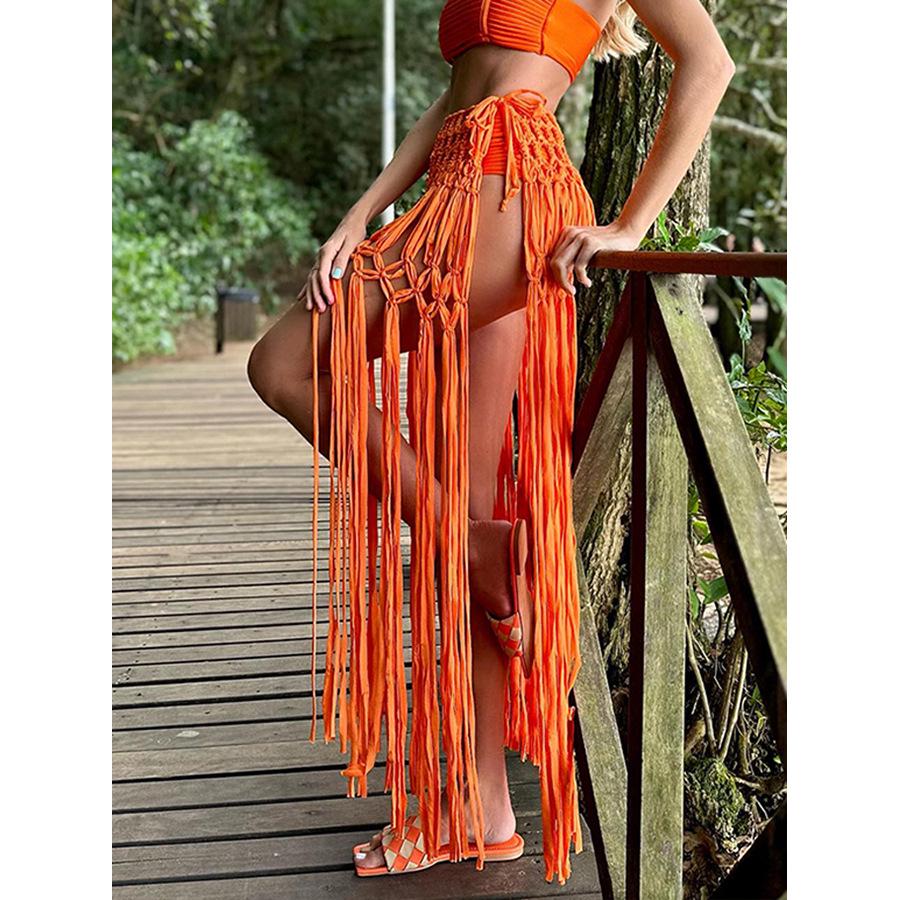 

Европейская и американская трикотажная миди-юбка с кисточками - Женский трансграничный дизайн с вырезами One Size оранжевый