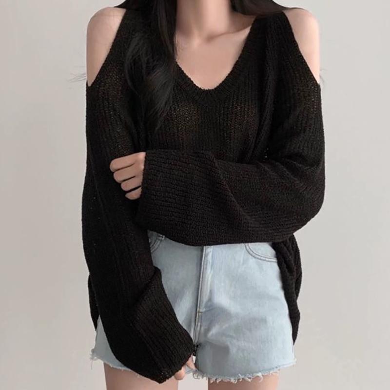 Women Hollow Out V-Neck Off Shoulder Sweater Loose Long Sleeve Knit Thin Jumpers Streetwear Tops For Women 2026 Fall Winter