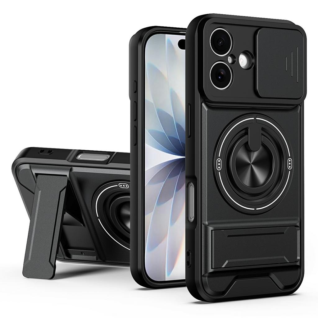 For iPhone 17 Case Compatible with MagSafe Ring Holder Foldable Kickstand TPU PC Phone Cover with Camera Lens Slider