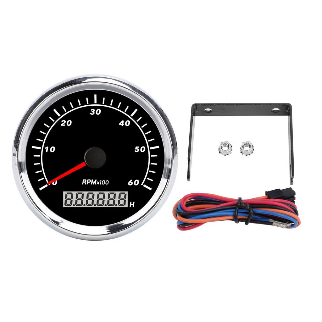 Tachometer Gauge Pointer and LCD Digital Display 85mm Step Motor RPM Meter with Backlit Black Dial Silver Bezel for Car