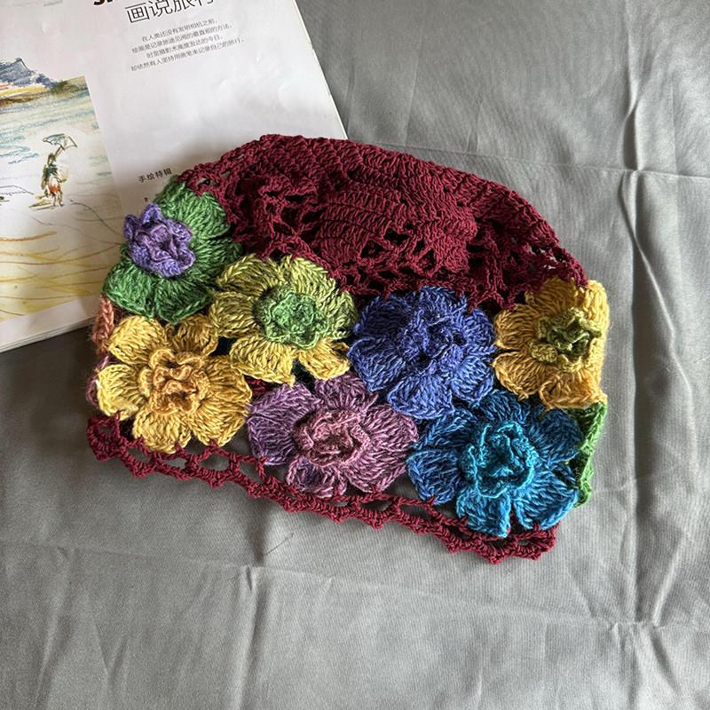 Style Knitted Ethnic Hat With Hollow Out Design And Flower Decoration Daily For