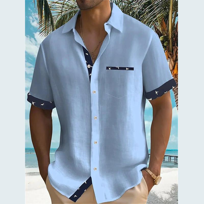 Summer New Men's Aloha Shirt Casual Fashion Street High Quality Short Sleeve Beach Holiday Party Men's Pocket Solid Shirt