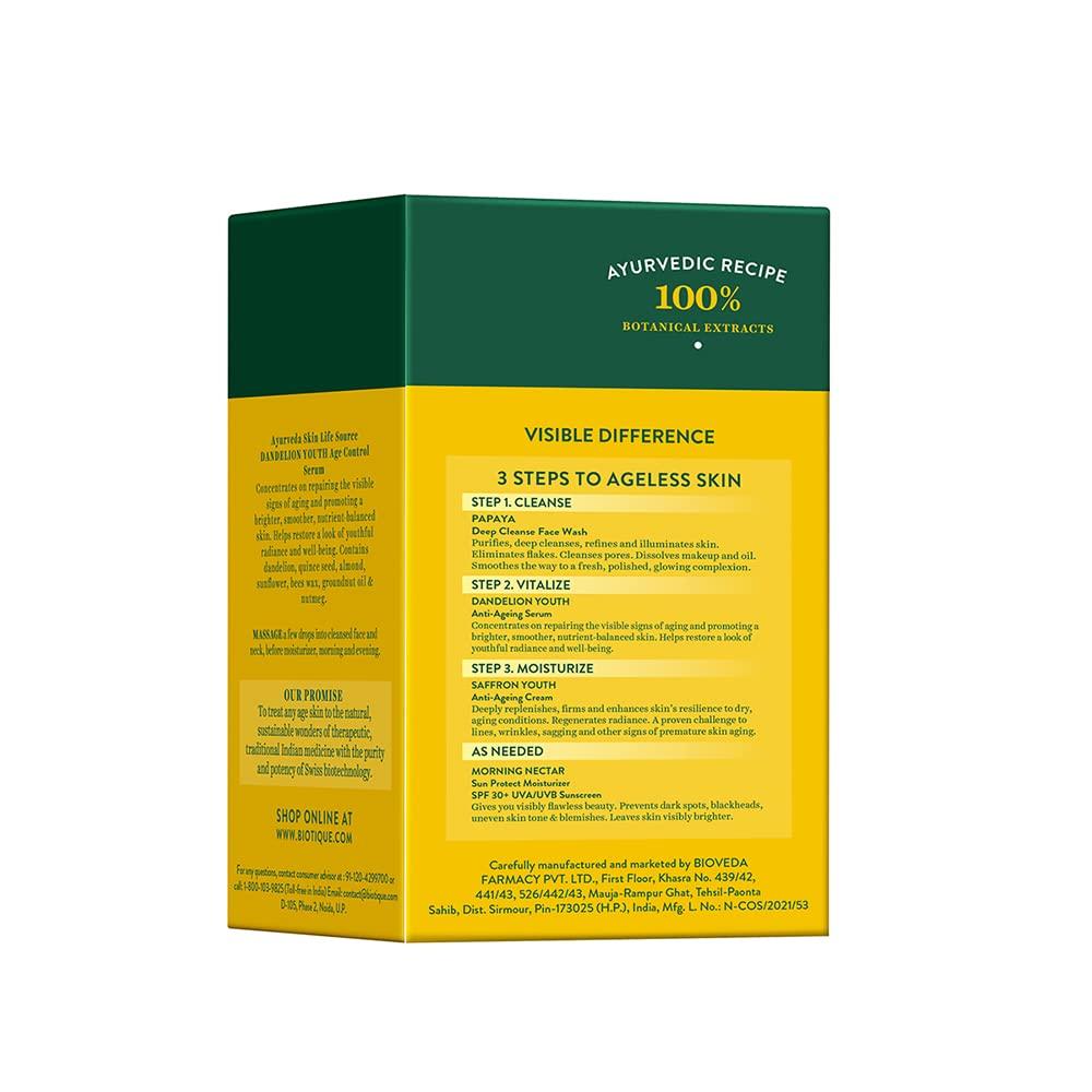 Biotique Dandelion Youth Anti-Aging Serum 40ml | 100% Natural Botanical Extracts | Reduce Wrinkles & Fine Lines | Vegan