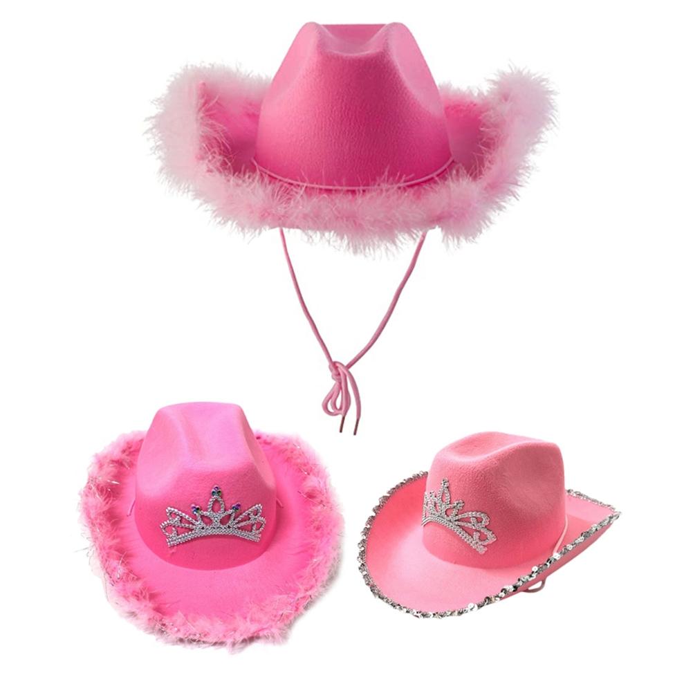 Pink Cowboy Hat Felt Cowboy Hat with Neck Draw String Cosplay Party Costume Accessories Play Dress