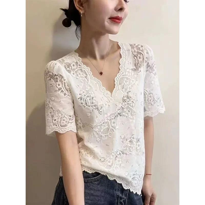Women s White Floral Lace Hollow V Neck Puff Short Sleeve Casual Blouse M