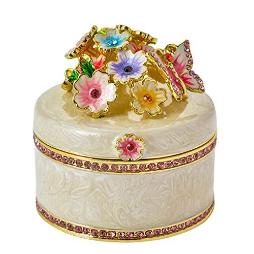 

FJ FENGZHIJIE Enamel Flower & Butterfly Trinket Box, Crystal Decorated Jewelry Storage, Hand-Painted Round Case for Rings/Earrings, Perfect for Home D