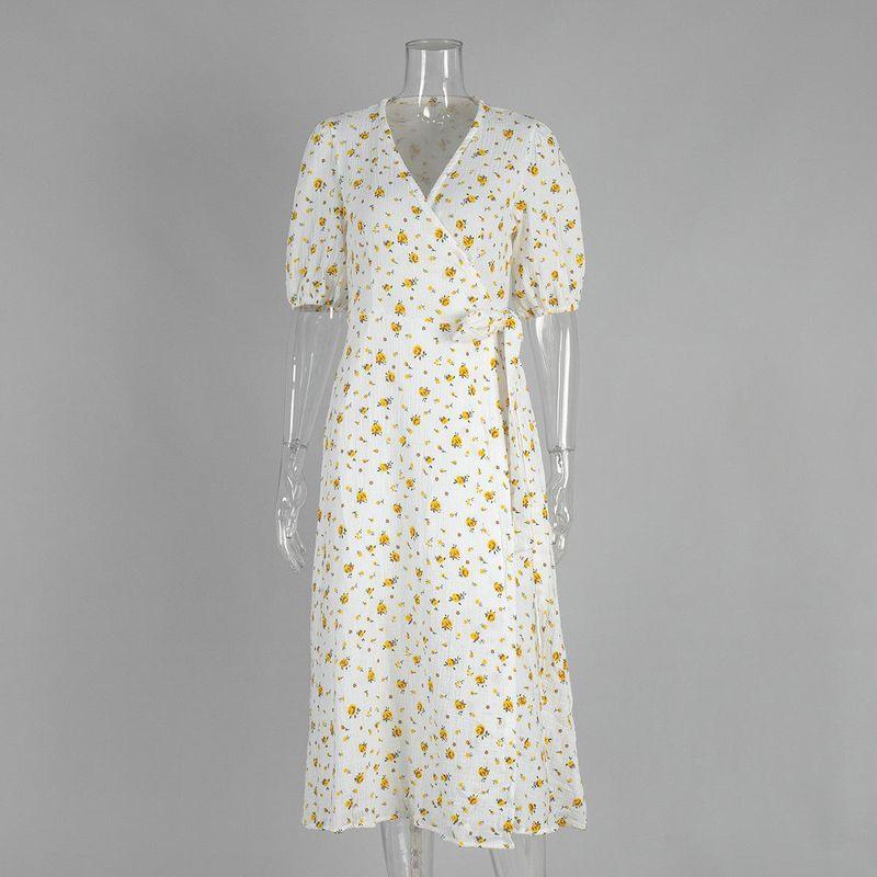 

Printed Dress European and American 2025 New Women Puff sleeve V-neck Lace-up Short sleeve Print Dress Yellow L