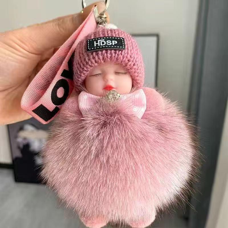 Genuine Fox Fur Sleep Doll Keychain Plush Pom-Pom Accessory