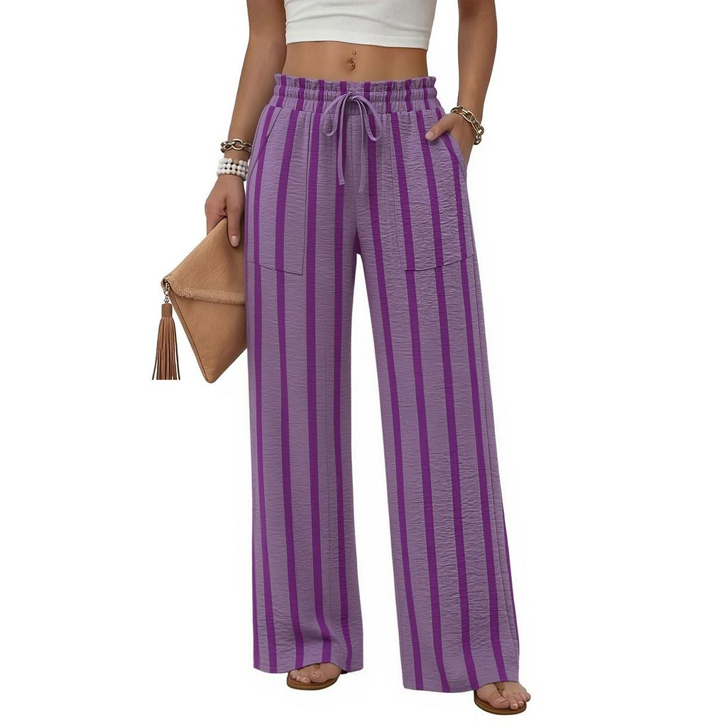 Women's Fashion Striped High Waist Wide Leg Pocket Drawstring Loose Beach Vacation Casual Pants