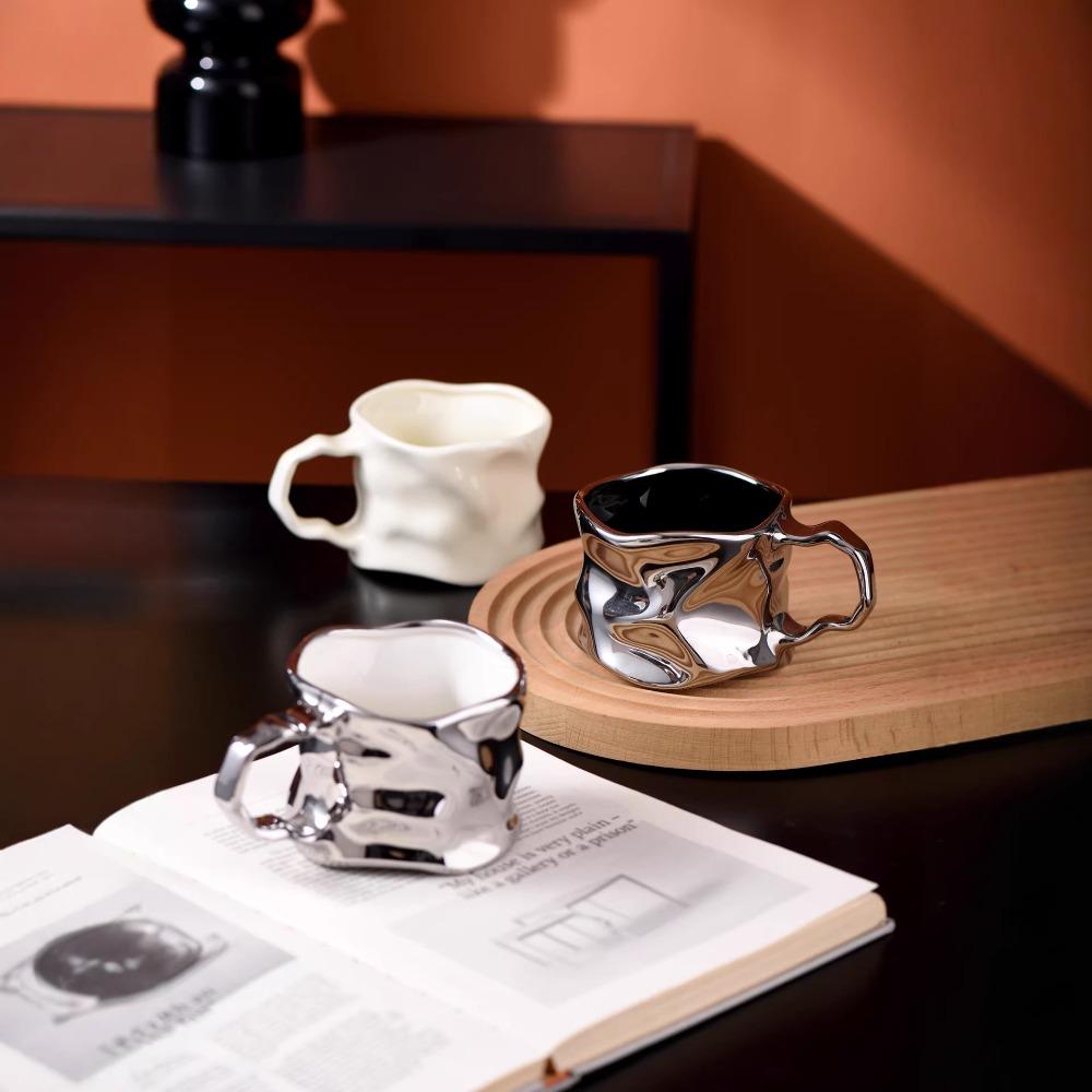 Modern Electroplated Silver Ceramic Coffee Cup Artistic Abstract Wrinkled Mug Metallic Imitation Milk Breakfast Cup Couple's Mug