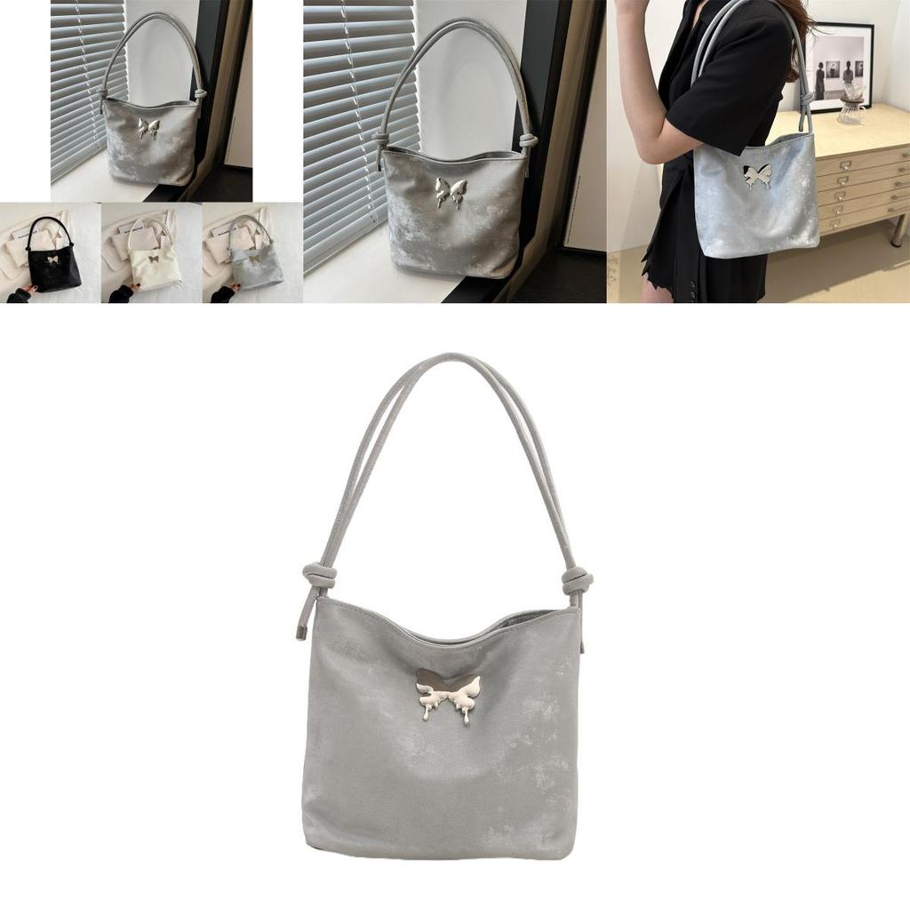 Stylish Large Capacity Women's Bucket Tote Bag With Fashionable Butterfly Design Perfect For Daily Commuting In Black White And Gray Colors