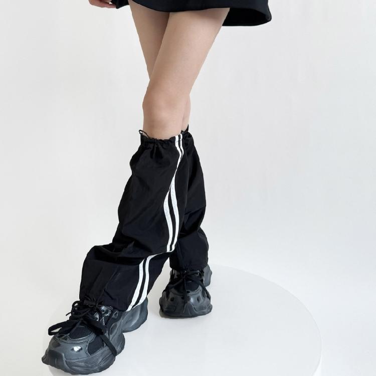 Damen Harajuku Seitliche Doppelt gestreifte Cargo Beinabdeckung mit Kordelzug Motorrad Baggy Fußlose Socken Beinstulpen Gamaschen