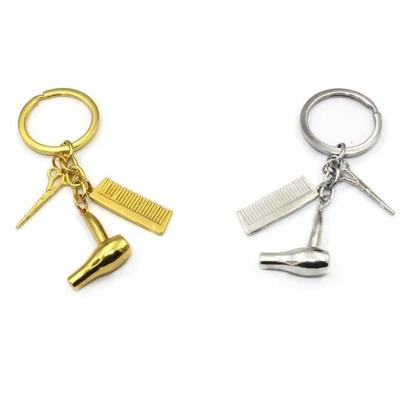 1pcs Gold Silver Key Ring Hair Dryer Scissors Comb Pendant Simulation Keychain Dressing Table Gift Hairdresser Gift