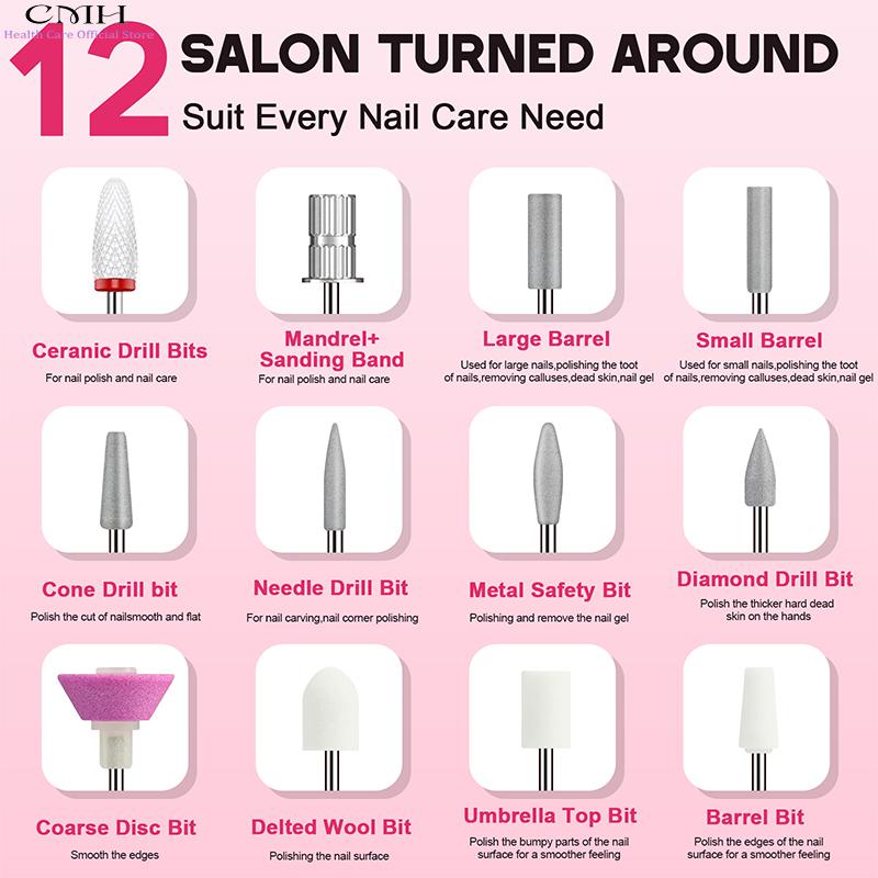 Upgraded Electric Nail Drill Cordless 12 Drill Bits 4000mAh Fast Charging Salon Grade Portable Manicure Pedicure Efficient Tool