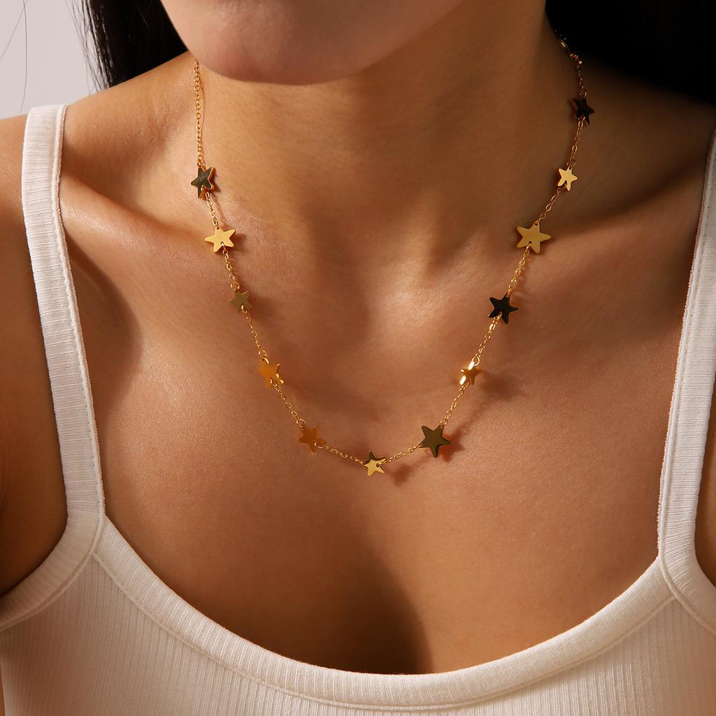 Natural Stone Beaded Titanium Steel Necklace with Sun and Star Pendant Women's Fashion Jewelry