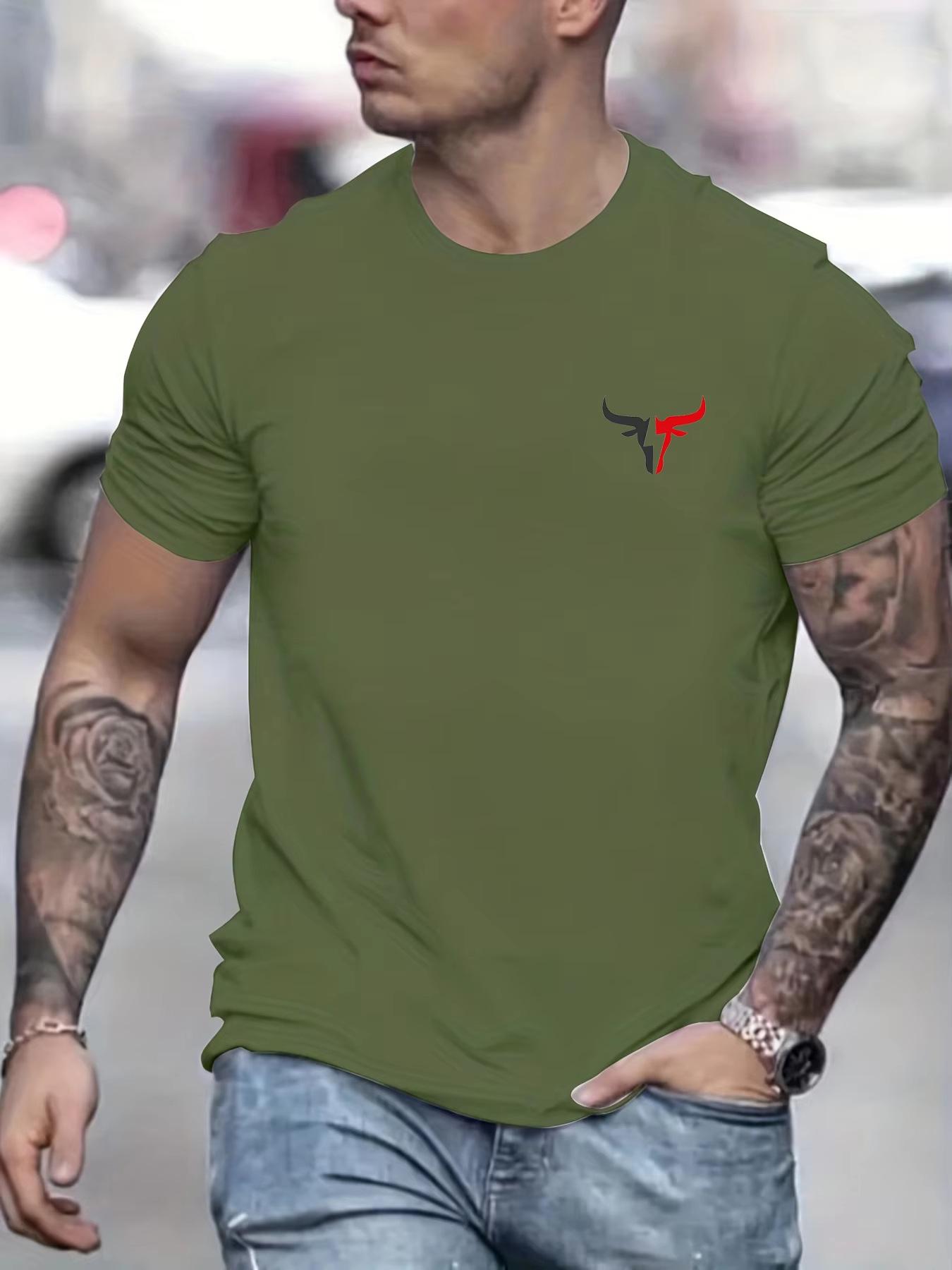 

Men s Loose Fit Bull Print Cotton T-Shirt, Short Sleeve, Round Neck M армия зеленый
