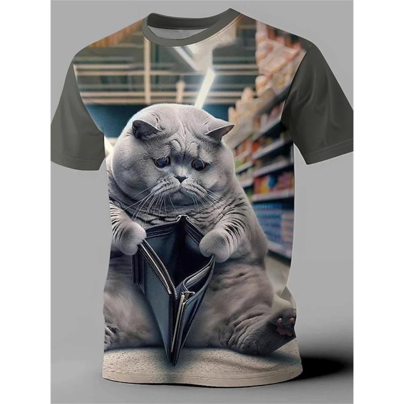 Summer Round Neck Funny Cat Pattern 3D Print Top Fashionable Casual Short Sleeved Men's T-shirts