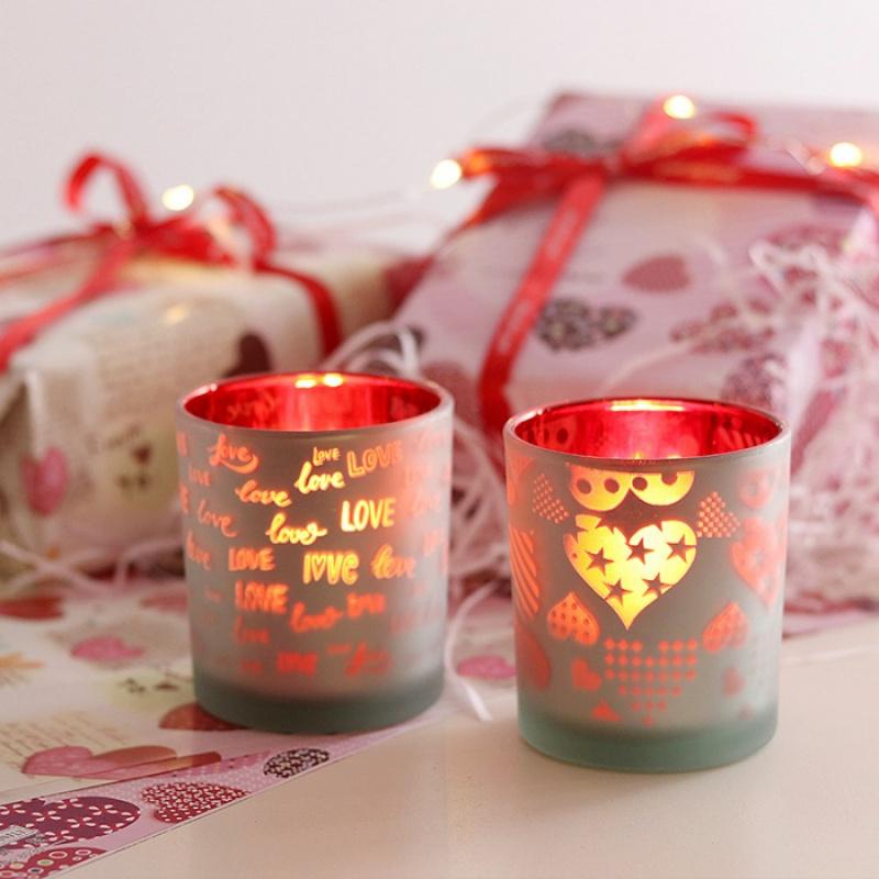 1 szt. Kieliszek na świecę w kształcie serca Czerwony napis Świecznik Dekoracja stołu na przyjęcie Szklany kieliszek na świecę Prezent