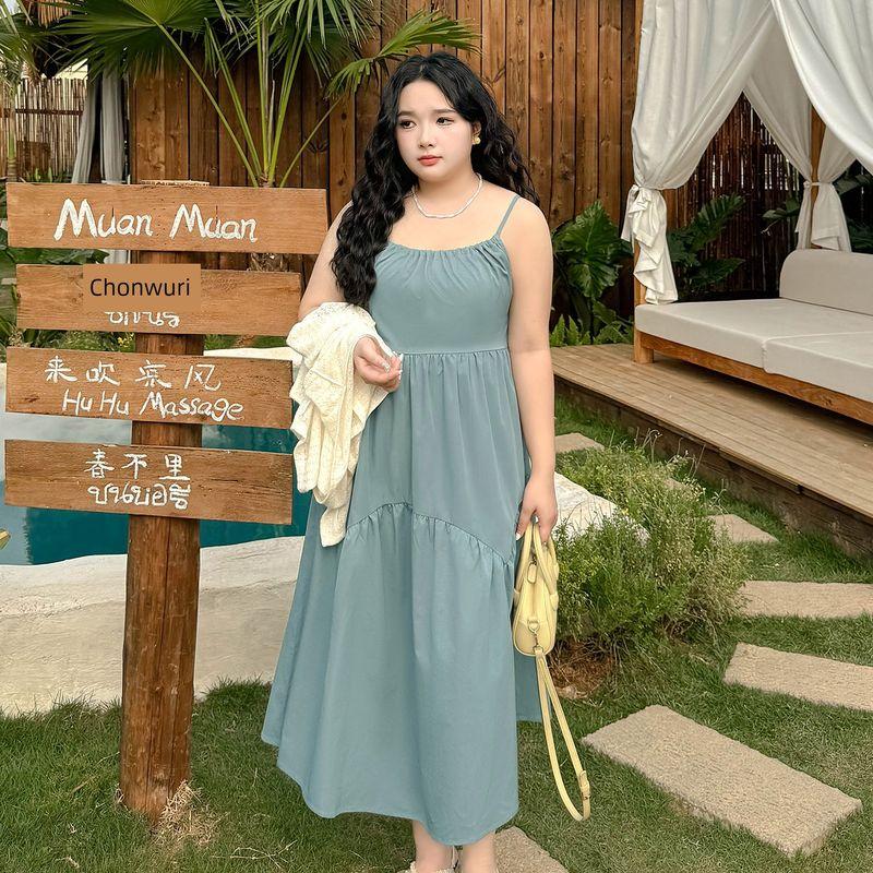 

Женская одежда больших размеров [Стиль приморского отдыха Юбка на подтяжках] Одежда для путешествий Французский стиль Высокая талия Полная девушка Супер красивое платье